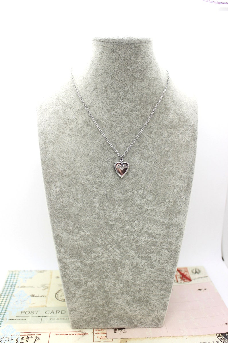 bat. locket necklace. in antiqued shiny silver tone inset heart image 10