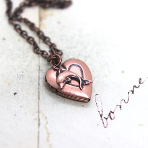 dolphin heart. locket necklace. copper ox jewelry tiny size
