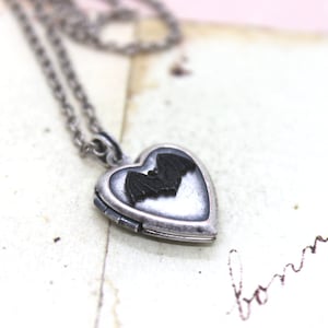 bat. heart locket necklace. silver ox jewelry black bat