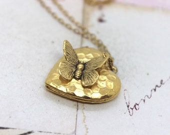 butterfly. heart locket necklace. in gold ox with hammered pattern locket dangle butterfly jewelry