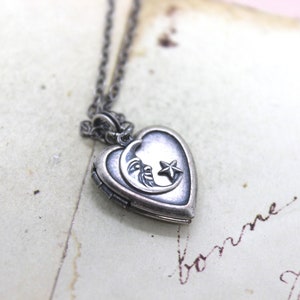 moon and star. heart locket necklace. in silver ox jewelry light weight