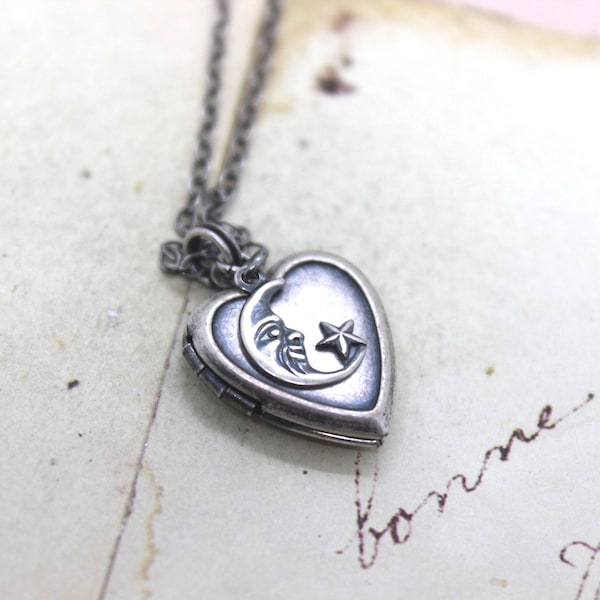 moon and star. heart locket necklace. in silver ox jewelry