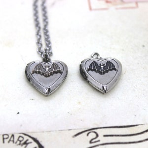 bat. locket necklace. in antiqued shiny silver tone inset heart image 3