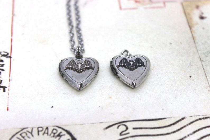 bat. locket necklace. in antiqued shiny silver tone inset heart image 3