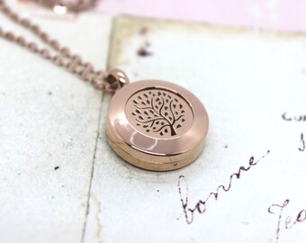 tree. locket necklace. in rose gold stainless steel round diffuser