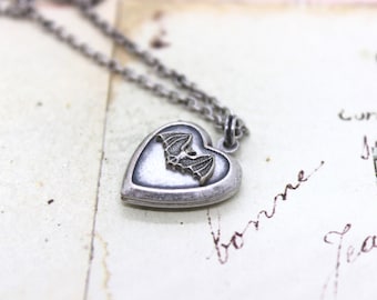 Bat Heart Locket Necklace: Silver Ox Plated Brass, 18" Chain