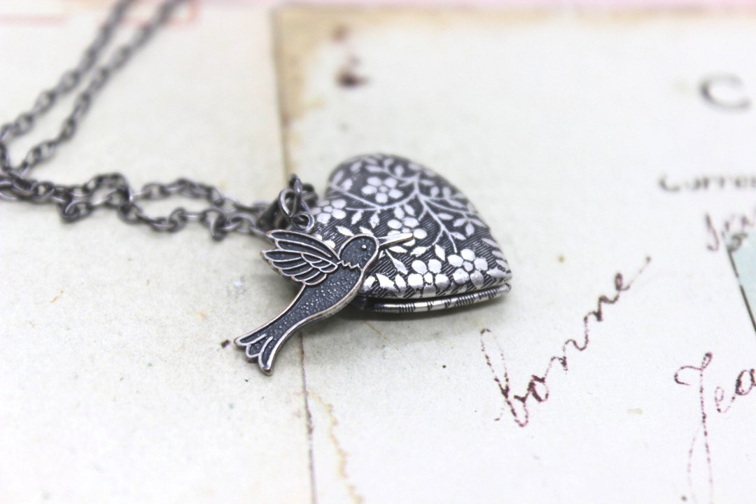 Hummingbird. Heart Locket Necklace. in Silver Ox With Floral Locket ...