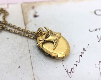 bird. oval locket necklace. in gold ox jewelry