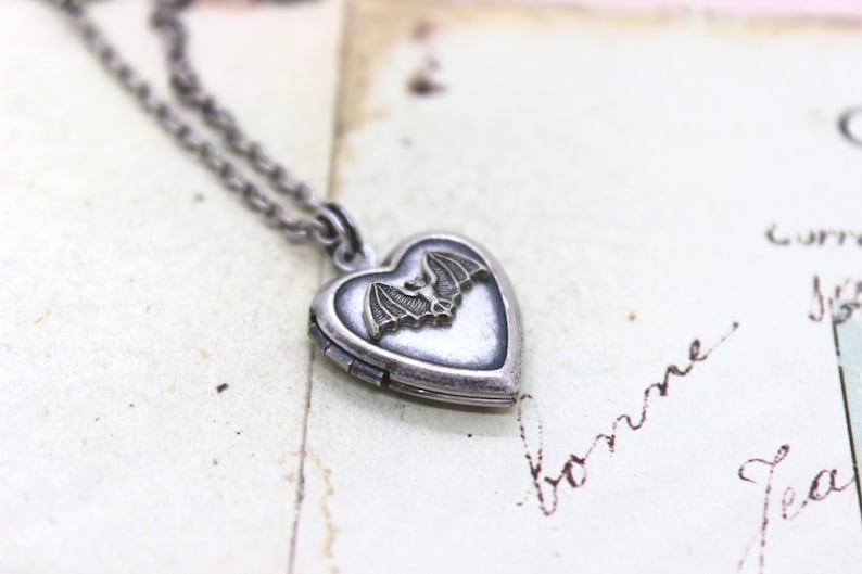 bat. heart locket necklace. silver ox jewelry now with a silver tone bat or silver ox bat image 1