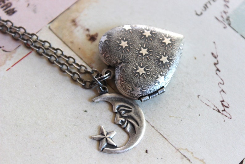 in silver ox jewelry heart locket necklace moon and stars