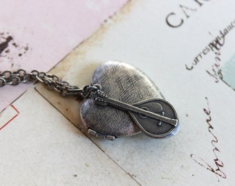 mandolin. heart locket necklace. silver ox jewelry