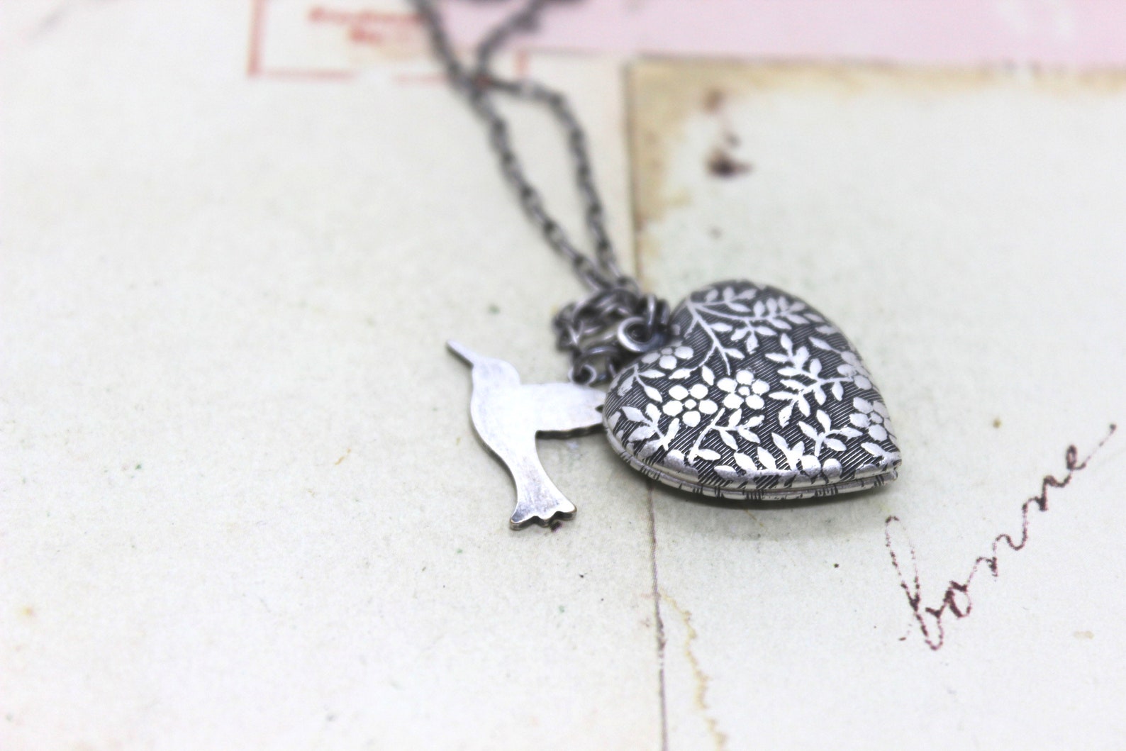 Hummingbird. Heart Locket Necklace. in Silver Ox With Floral Locket ...