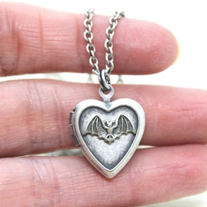 bat. heart locket necklace. silver ox jewelry now with a silver tone bat or silver ox bat image 5