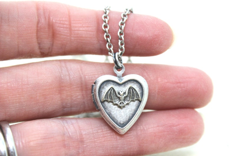 bat. heart locket necklace. silver ox jewelry now with a silver tone bat or silver ox bat image 5
