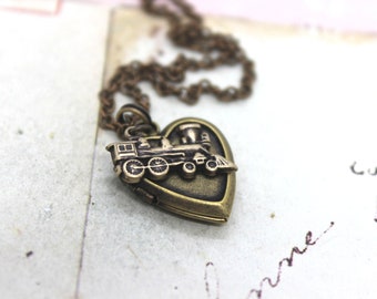 train. heart locket necklace. brass ox