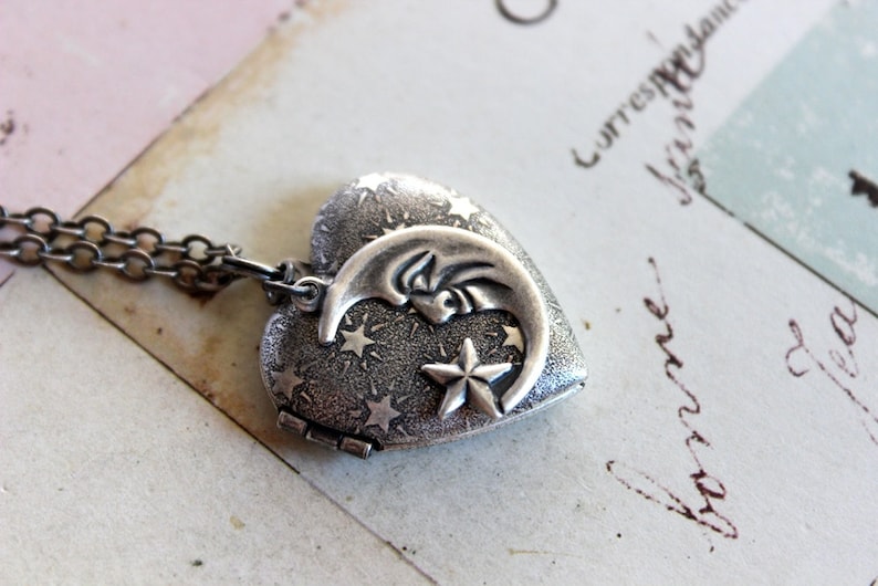 in silver ox jewelry heart locket necklace moon and stars