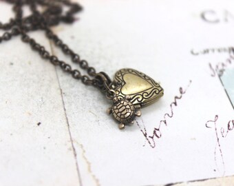 tiny turtle heart. locket necklace. brass ox jewelry itty bitty size