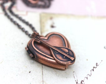 mandolin. heart locket necklace. copper ox medium weight jewelry