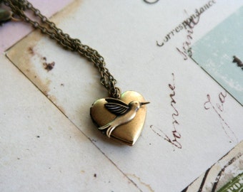 hummingbird. heart locket necklace. brass ox