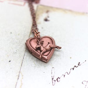 May include: A rose gold heart-shaped locket necklace with a small deer charm attached. The locket is open and the deer is jumping out of the locket.