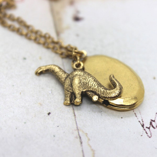 dinosaur. oval locket necklace. gold ox jewelry long neck