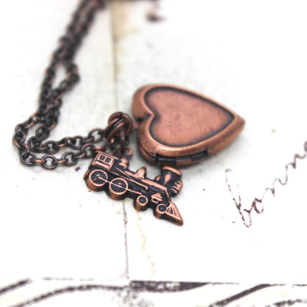 train. heart locket necklace.copper ox