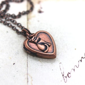 cat. heart locket necklace. in copper ox jewelry small cat charm