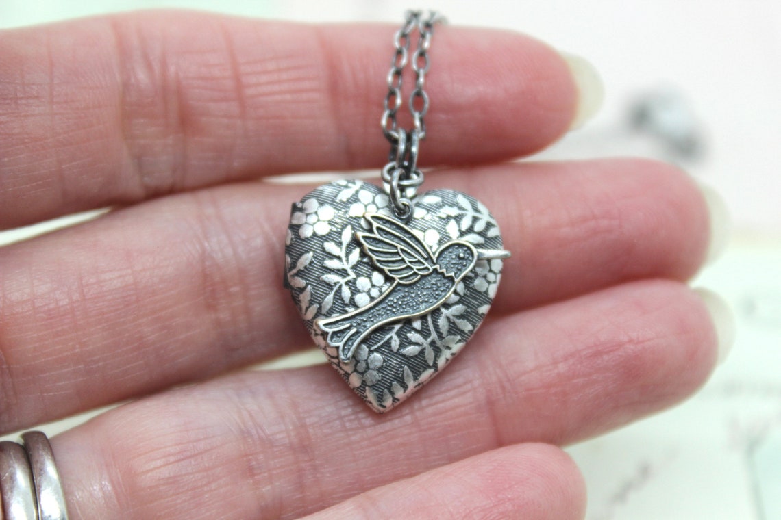 Hummingbird. Heart Locket Necklace. in Silver Ox With Floral Locket ...