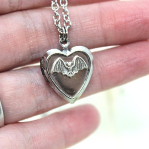 bat. locket necklace. in antiqued shiny silver tone inset heart image 9