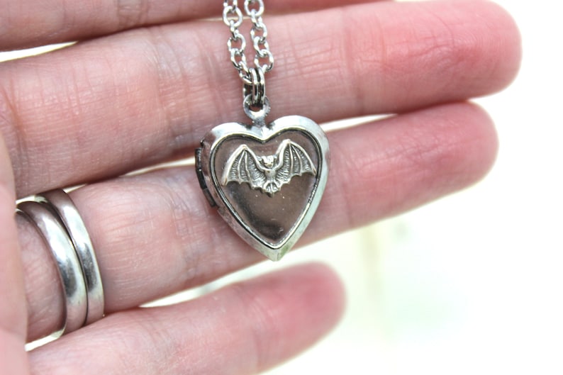 bat. locket necklace. in antiqued shiny silver tone inset heart image 9