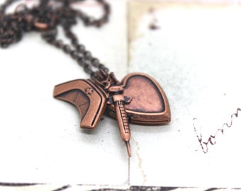 nurse. heart locket necklace copper ox syringe