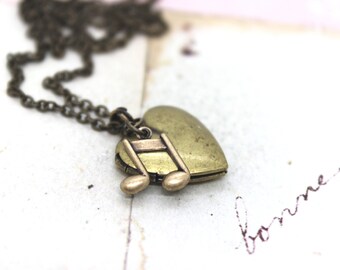 notes music heart locket necklace. brass ox