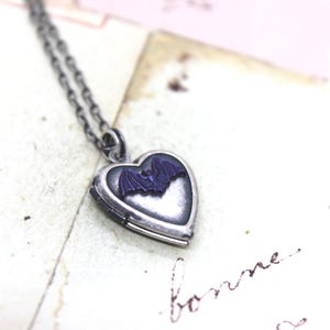 bat purple. heart locket necklace. silver ox jewelry now with painted bats