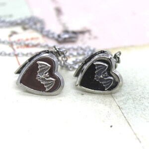 bat. locket necklace. in antiqued shiny silver tone inset heart image 5