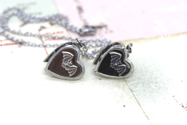 bat. locket necklace. in antiqued shiny silver tone inset heart image 5