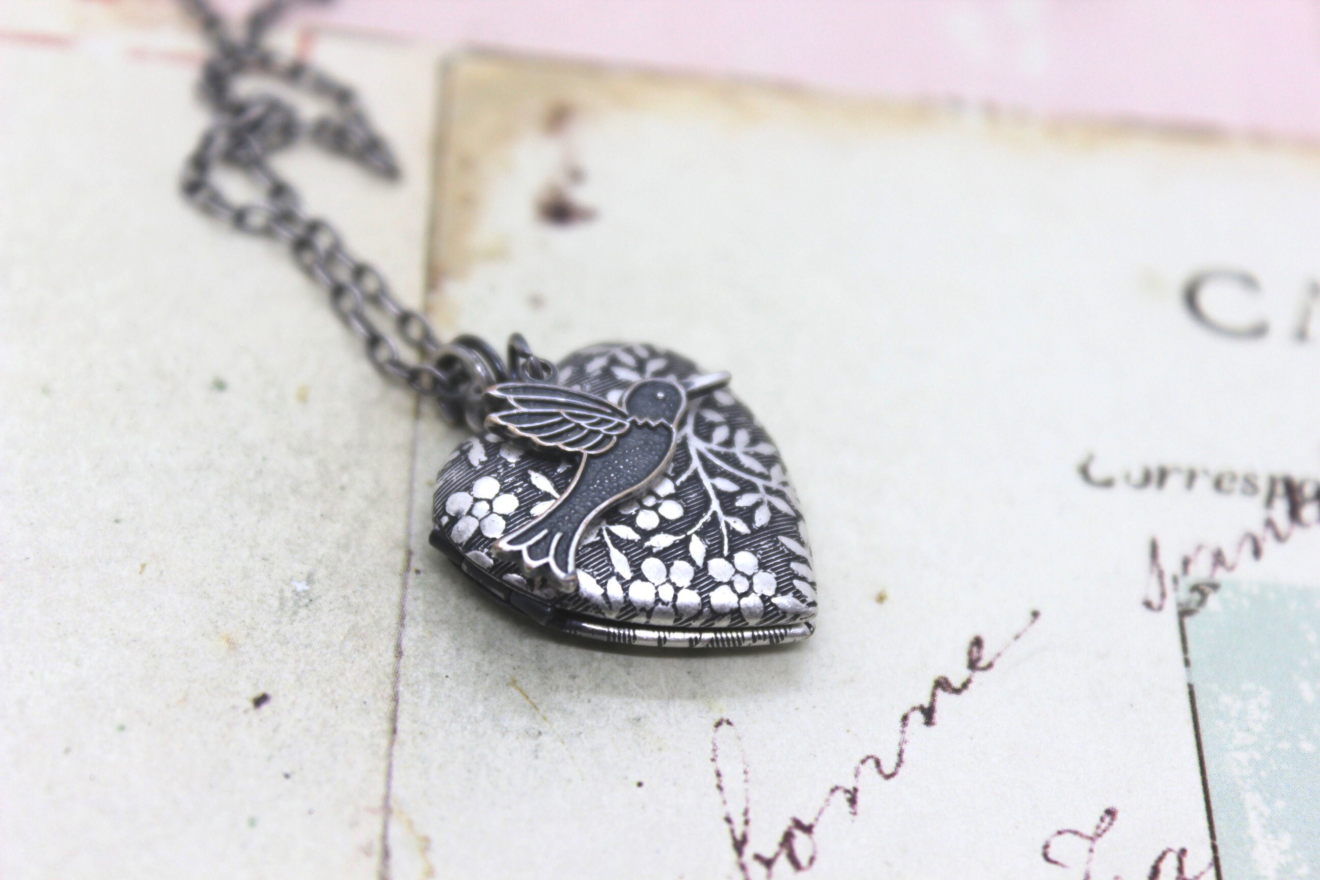 Hummingbird. Heart Locket Necklace. in Silver Ox With Floral Locket ...