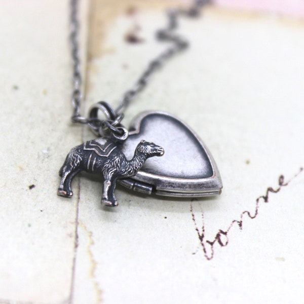 camel. heart locket necklace. silver ox