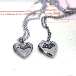 bat. locket necklace. in antiqued shiny silver tone inset heart image 4