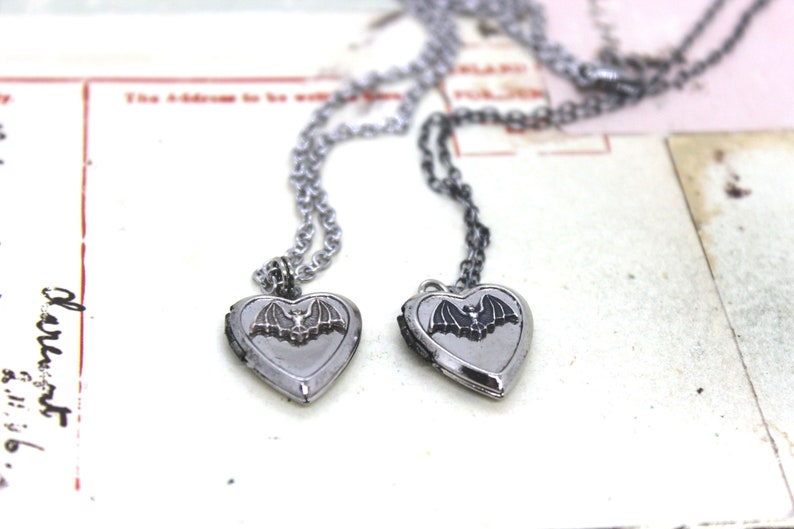 bat. locket necklace. in antiqued shiny silver tone inset heart image 4