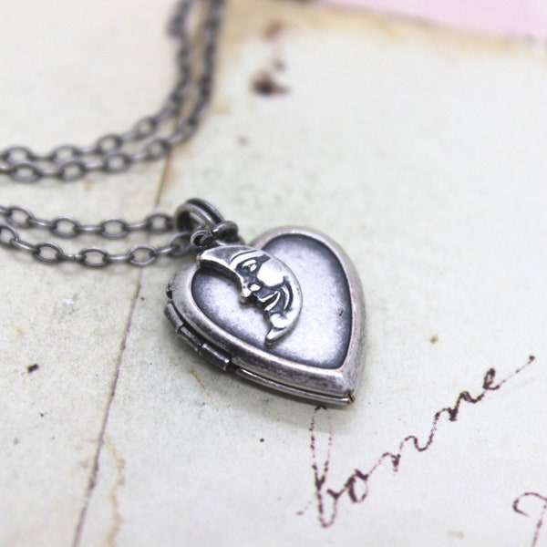moon. heart locket necklace. silver ox jewelry