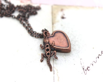 lizard. heart locket necklace. copper ox