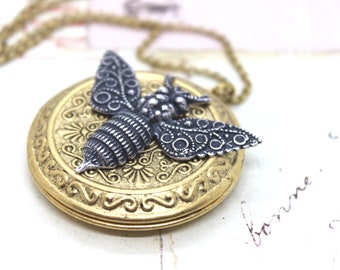 bee. locket necklace in gold ox and silver ox with jumbo floral locket jewelry