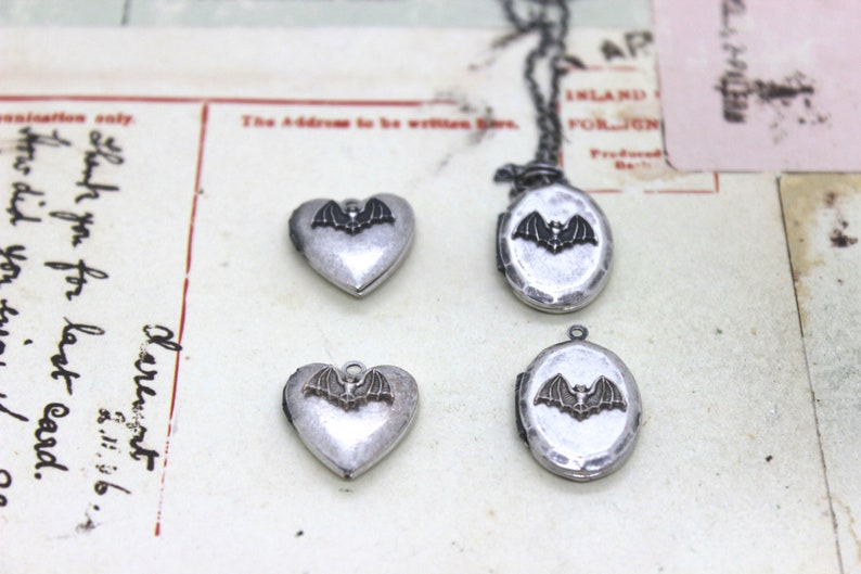 bat. heart locket necklace. silver ox jewelry now with a silver tone bat or silver ox bat image 6