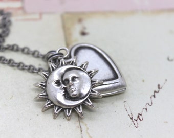 sun and moon. heart locket necklace. silver ox meduim locket