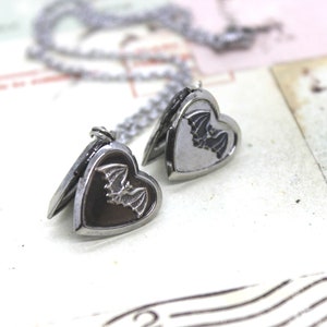 bat. locket necklace. in antiqued shiny silver tone inset heart image 6