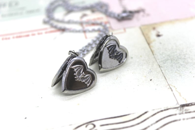 bat. locket necklace. in antiqued shiny silver tone inset heart image 6