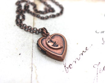 moon. locket necklace. in copper ox heart