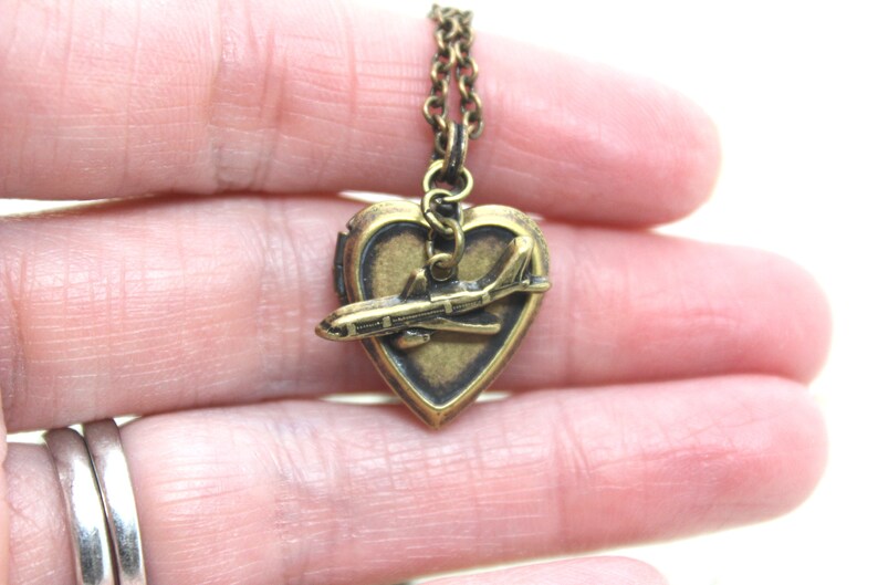 tiny airplane. locket necklace. in brass ox image 6