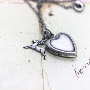 tiny deer. heart locket necklace. silver ox