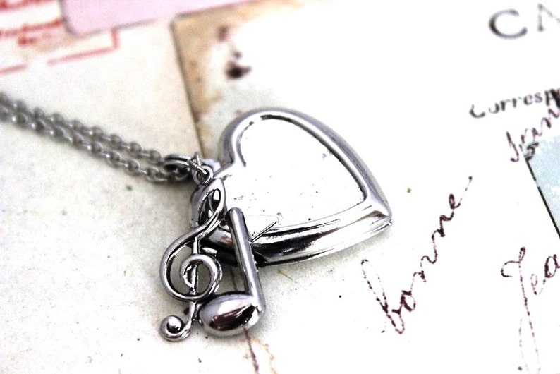 Music notes. heart locket necklace. antiqued shiny silver tone Etsy